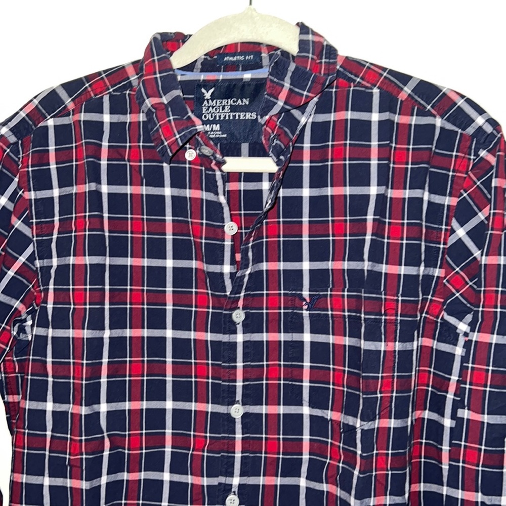 Aeo Navy/Red/White Pattern Button Down - image 6